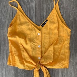 SHEIN YELLOW BUTTON DOWN WITH TIE CROP TOP